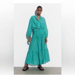 Zara printed aquamarine blouse and skirt set